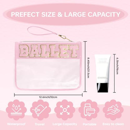 Chenille Letter Clear Zipper Pouch for Travel Preppy Patch Makeup Bag-Nylon Cosmetic Preppy Makeup Waterproof Organizer Bag Set for Women Valentines Bag (FS-BALLET) - color: FS-BALLET