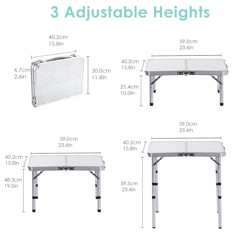 YihuiKo Folding Camping Table with Adjustable Height, 23.6" x 15.8" Portable Lightweight Tables with Aluminum Legs for Outdoor Camp, Picnic, Beach, Backyard, Tailgate Cooking, 3 Heights