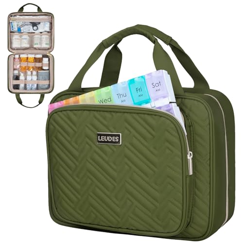 Leudes Travel Pill Bottle Organizer,Medicine Organizer and Storage,Home Medication Bag, Cases,Carrier for Pills,Vitamin,Fish Oil,Supplements for Women and Men (Large, Army Green) - color: Army Green, size: Large