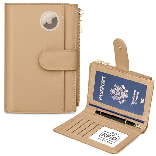 Passport Holder for Travel, Leather Passport Wallet with Airtag Slot, RFID Blocking Travel Wallet for Women Men, Passport Cover with Air Ticket Card Cash Coin Pocket, Travel Essentials Gift - color: Light Brown