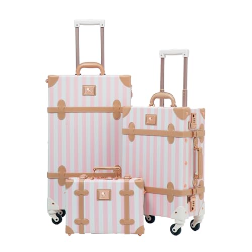 UNIWALKER Vintage Luggage Set of 3, Retro Spinner Trunk with Combo Lock for Women, Cute Designer Travel Suitcase Set with Train Case, 26"+20"+12", Pink Strip - color: pink strip, size: 26in+20in+12in