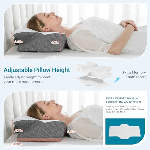 Elviros Cervical Neck Pillow for Sleeping, Memory Foam Pillow for Neck Pain Relief, Side Sleeper Cooling Pillows for Adults, Neck Support with Removable Pillowcase for Back & Stomach Sleepers - color: Dark Gray, size: Queen Size 26Lx16.5Wx(4.3"-5")H