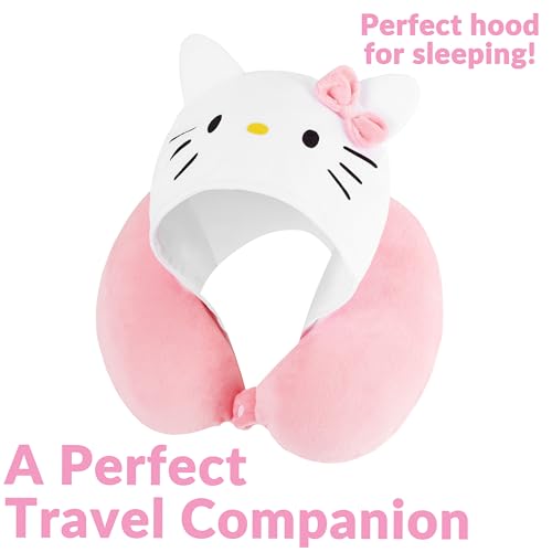 Hello Kitty Girls Teens Travel Pillow with Hood, Memory Foam Cushion Travel Accessories Flight Pillow Neck & Head Support