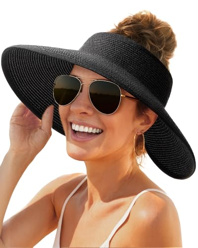 FURTALK Sun Hats for Women Wide Brim Beach Hat Straw Visor Ponytail Summer UV Packable Foldable Beach Vacation Essentials - color: Black
