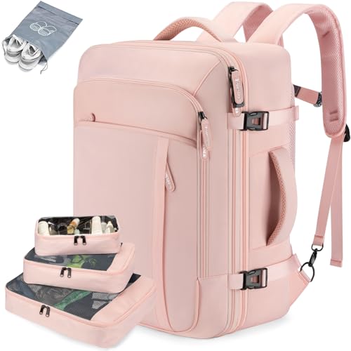 Lumesner Carry on Travel Backpacks, Extra Large 40L Flight Approved Bag for Men & Women,Expandable Suitcase Backpack With 4 Packing Cubes,Water Resistant Luggage Daypack Business Weekender Bag, Pink - color: Pink