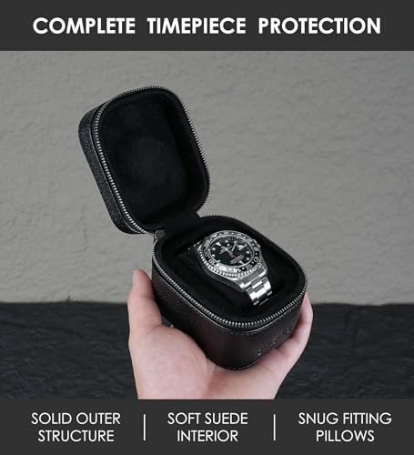 Watch Travel Box, Real Genuine Leather Single Watch Roll Case for Man and Women Watch Packing Storage Organizer with Suede to Protection Zipper Fit All Watches Up to 60mm (1W-Z-BB) - color: 1W-Z-BBL