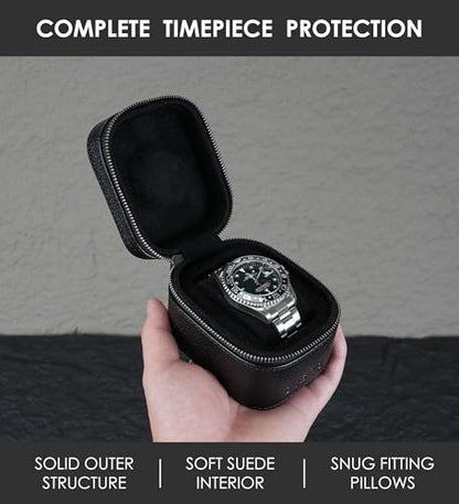 Watch Travel Box, Real Genuine Leather Single Watch Roll Case for Man and Women Watch Packing Storage Organizer with Suede to Protection Zipper Fit All Watches Up to 60mm (1W-Z-BB) - color: 1W-Z-BBL