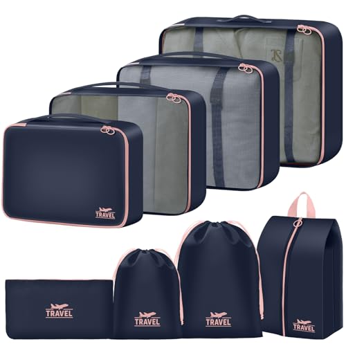Packing Cubes for Travel - 8 Set Luggage Organizer Bags for Family, Mesh Breathable Packing Cubes for Suitcases Durable Travel Essentials Bags Set - color: Navy Blue