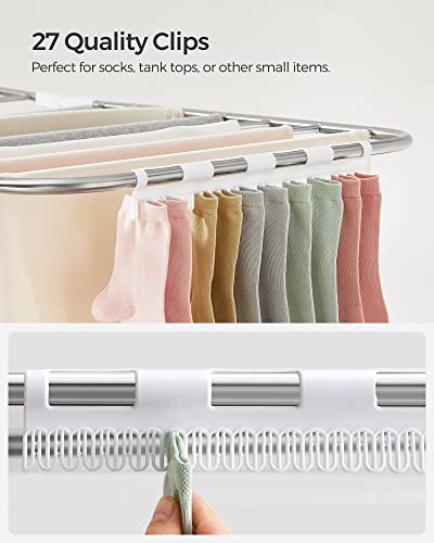 SONGMICS Clothes Drying Rack, Foldable 2-Level Laundry Drying Rack, Free-Standing Laundry Airer, with Height-Adjustable Wings, 33 Drying Rails, Sock Clips, Silver and White ULLR053W01V1 - color: Silver + White, size: 2 Tiers（22"d x 61.8"w x 64.3''h )
