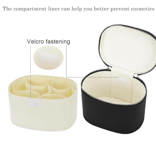 Leather Make Up Bags With Compartments, Black travel Cosmetic Bags for Women, Parallel Makeup Travel Bags Organizer Equipped With a Detachable Divider - color: Black