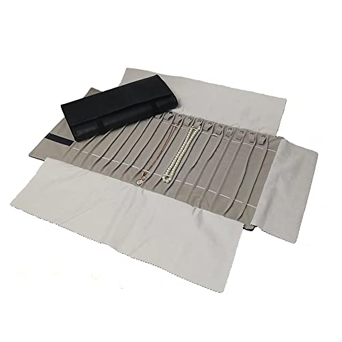 Portable Jewelry Roll Untangled Secure Necklace Travel Storage Bag Displays Holder 16 Chain (Black PU and gray velvet) - color: Black PU and gray velvet