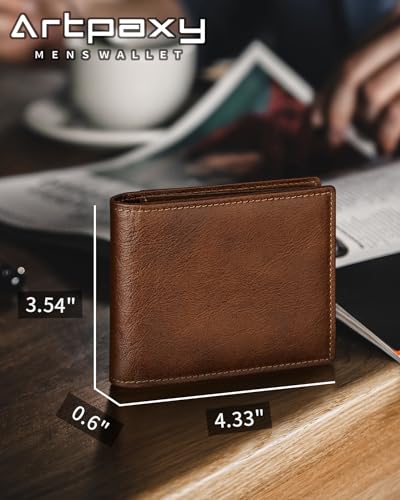 Artpaxy Mens Wallet Genuine Leather Bifold RFID Blocking Wallet for Men with 1 ID Window 13 Card Holders 2 cash pockets 1 Gift Box - color: Brown