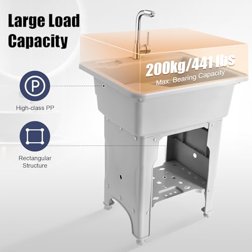 Utility Sink Laundry Tub with Washboard, Freestanding Plastic Laundry Sink with Cold & Hot Water Faucet, Indoor Outdoor Utility Sink for Laundry Room, Garage, Garden (25.6x21.65x31.5 Inch) - color: Gray, 25.6 x 21.7 x 31.5in