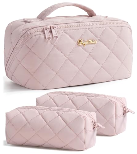 Travel Makeup Bag, 3 Pcs Large Capacity Puffy Toiletry Bag for Women, Open Flat Make up Cosmetic Organizer w/Handle & Clear Divider Water-resistant Portable Pouch Travel Essentials, M-Light Pink - color: Light Pink, size: medium