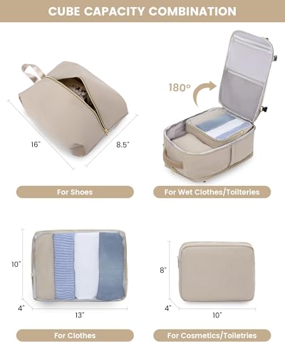 LOVEVOOK Large Travel Backpack for Women, 50L Carry on Backpack Airplane Approved, TSA Personal Item Travel Bag for Women fits 18" Laptop, Waterproof Carry on Bags for airplanes with 3 Packing Cubes - color: Khaki - Beige - Abricot, size: 50L-4Pcs