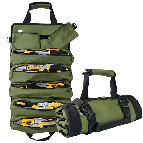 Portable Foldable Roll Up Tool Bag, Heavy Duty Tool Organizer Bag with 5 Compartments & 2 Detachable Pouches for Tools Storage, Waterproof Tool Roll Bag for Dad Men Electrician Mechanic Gifts - color: Army Green