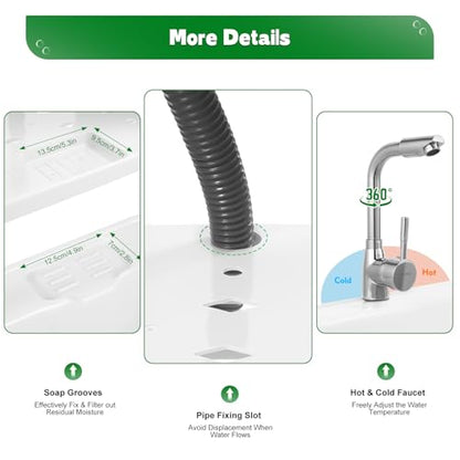 Freestanding Plastic Laundry Sink with Washboard & Hot and Cold Faucet, Portable Hose & Drain Kit for Indoor/Outdoor Use in Laundry Room, Garage, Garden. (White 31 x 22.1 x 31.5in)