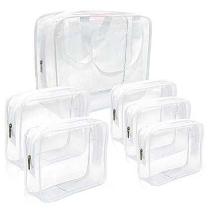 APREUTY Clear Makeup Bags, TSA Approved 6Pcs Cosmetic Makeup Bags Set Clear PVC with Zipper Handle Portable Travel Luggage Pouch Airport Airline Organization (White) - color: White-6PCS (Large+Medium+Small)