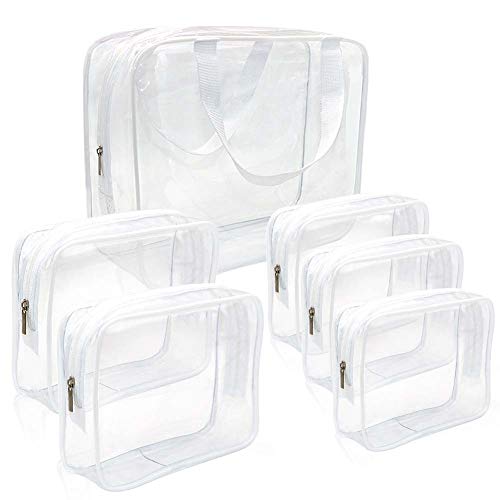 APREUTY Clear Makeup Bags, TSA Approved 6Pcs Cosmetic Makeup Bags Set Clear PVC with Zipper Handle Portable Travel Luggage Pouch Airport Airline Organization (White) - color: White-6PCS (Large+Medium+Small)