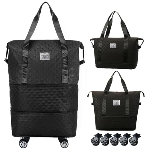 DOJUNS Rolling Duffle Bag with Wheels,Expandable Foldable Duffle Bag,Detachable Rolling Wheels,Rolling Luggage Bag Carry on Duffel Bag,Wheeled Travel Duffle Bag,Gift for Wife and Parents - color: Black