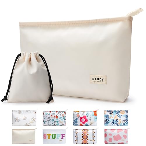 WLLWOO WLLWOO 2pcs Travel Make Up Bags-Cosmetic Bag Nylon Waterproof Large Wide Zipper Coin Purse Travel Toiletry Small Makeup Pouch For Women - color: Off White-Nylon