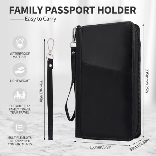 Leather Passport Holder Family, RFID Blocking Passport Wallet, Travel Essentials Premium Wallets - color: Black