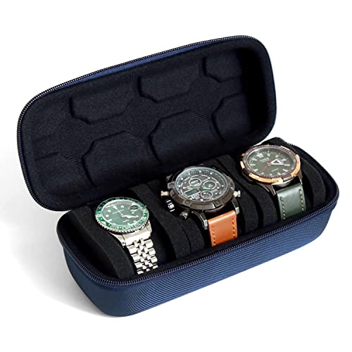 watch box organizer for men or Women 3 watch travel case Portable Storage watch display holder for Wristwatches and Smart Watches up to 61mm - color: Blue（3 slot）