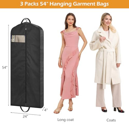 MISSLO 54" Garment Bags for Travel for Women Waterproof Dress Bags for Gowns Long Dress Cover for Gowns, Coats, Suits, Black, 3 Packs - size: 54 inch