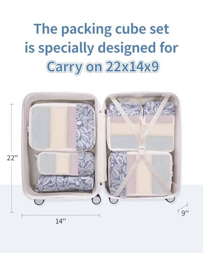 Narwey 6 Set Compression Packing Cubes for Travel Women Men, Travel Cubes for Carry On Suitcase, Durable Compression Luggage Organizer Bags - color: Y-Blue Leaf