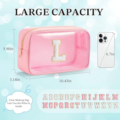 Personalized Initial Clear Makeup Bag Cosmetic Bags Travel Toiletry Bag Essentials Emergency Pouch Gifts for Girls Girlfriend Kids Birthday Graduation Teacher (Pink L) - style: L