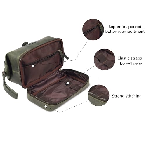 LEATHER VILLAGE Genuine Leather Dopp Kit – Large Travel Toiletry Bag with Waterproof Lining, Dual-Zip Design for Men & Women, Organizer for Shaving, Makeup & Essentials - Olive - color: Olive