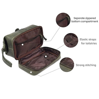 LEATHER VILLAGE Genuine Leather Dopp Kit – Large Travel Toiletry Bag with Waterproof Lining, Dual-Zip Design for Men & Women, Organizer for Shaving, Makeup & Essentials - Olive - color: Olive