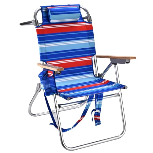 Backpack Beach Chairs for Adults Capacity 300 LBS high 5 Position Beach Chair with Pouch Straps Folding Lightweight Reclining Aluminum Wide Lay Flat Single - color: 17in Wood Red Blue Stripes 1 Pack