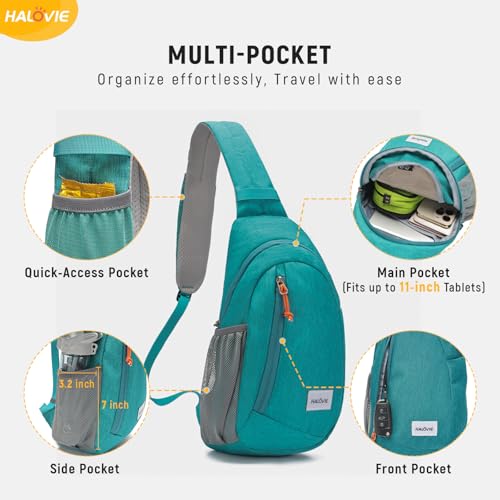 HALOVIE Anti Theft Crossbody Sling Bag RFID Travel Sling Backpack Lightweight Hiking Shoulder Chest Bag for Walking Work - color: Cyan