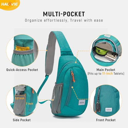 HALOVIE Anti Theft Crossbody Sling Bag RFID Travel Sling Backpack Lightweight Hiking Shoulder Chest Bag for Walking Work - color: Cyan