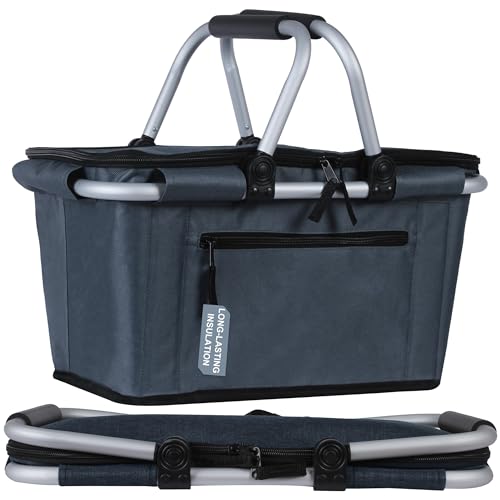 SIYUAN Collapsible Picnic Basket Insulated with Lid 27L Large Capacity Reusable Portable Folding Market Shoping Bag with Handles for Grocery - color: Dark Grey