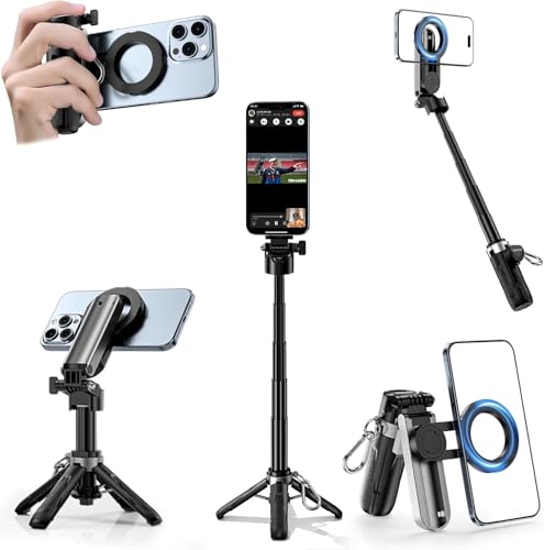 CloudValley Magnetic Selfie Stick & Mini Tripod, 360° Rotation Extendable Handheld Stabilizer/Camera Grip with Remote, 5 in 1 Portable Phone Stand for iPhone/Android, Travel Vlog, Live Stream, Black - color: Black