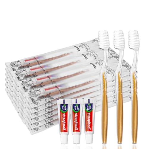 20 pcs Disposable Toothbrush with Toothpaste Bulk Individually Wrapped, Travel Toothbrush Kit, Hotel Toothbrushes Bulk for Airbnb,Shelter/Wedding/Nursing Home/Charity/Homeless, Gold - size: 1 Count (Pack of 20)