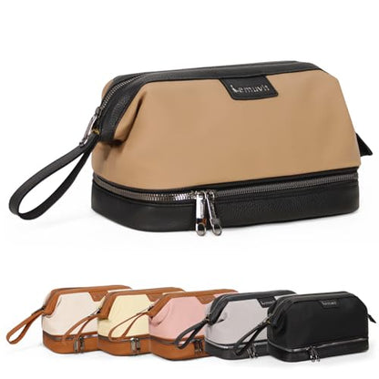 Double-Layer Toiletry Bag, Water-Resistant Hybrid Leather Cosmetic Organizer with Wet/Dry Compartments, 26x15x16cm (Khaki, Double layer) - color: Khaki