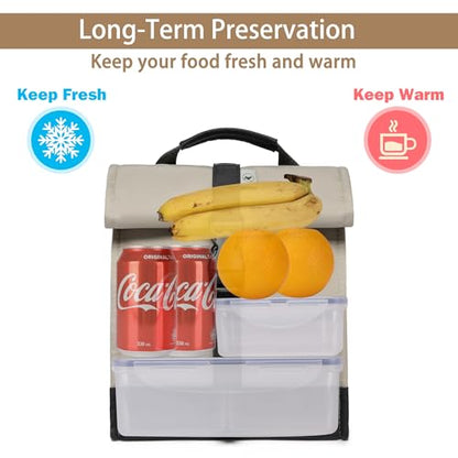 SUNNY BIRD Insulated Lunch Bag Rolltop Lunch Box Tote Bag for Women, Men, Adults and Teens (Grey and black) - color: Grey and black