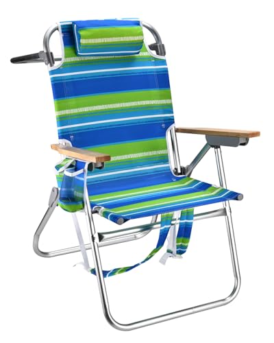 Backpack Beach Chairs for Adults Capacity 300 LBS high 5 Position Beach Chair with Pouch Straps Folding Lightweight Reclining Aluminum Wide Lay Flat Single - color: 17in Wood Light Green Stripes 1 Pack