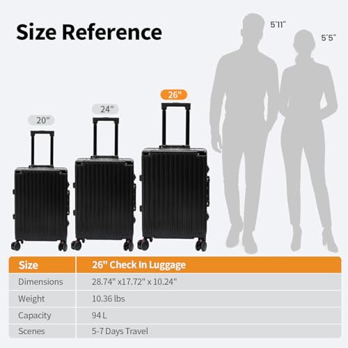 VentureVault 26 Inch Checked Luggage with Spinner Wheels, No Zipper Aluminum Frame Hard Shell Suitcases with TSA Lock, PC+ABS Lightweight Large Suitcase for Travel (Black) - color: Black, size: 26inch