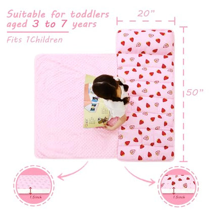 Lasoftan Toddler Nap Mat with Pillow and Blanket, Extra Large Rolled Napping Mats,Slumber Bags for Boys Girls,Kids Sleeping Bag for Daycare, Preschool Travel Camping - color: Pink Strawberry
