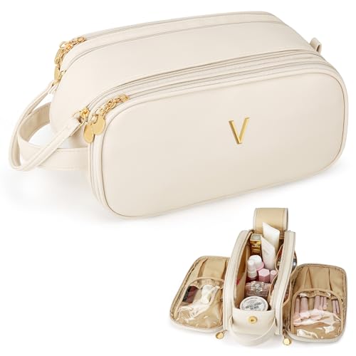 Travel Makeup Bag Birthday Gifts for Women Teen Girl, Personalized Initial Makeup Organizer Bag Large Opening Cosmetic Bags for Women Waterproof Storage Toiletry Bags, Beige,V - color: Beige, style: V