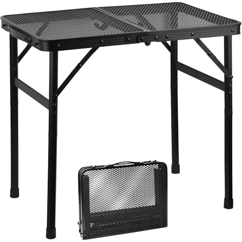 Gawerk Folding Portable Camping Grill Table, Lightweight Adjustable Height Metal Aluminum Picnic Table with Heat-Resistant Mesh Top for Outdoor, Barbeque, Camping & Travel, 24" x 16", Black