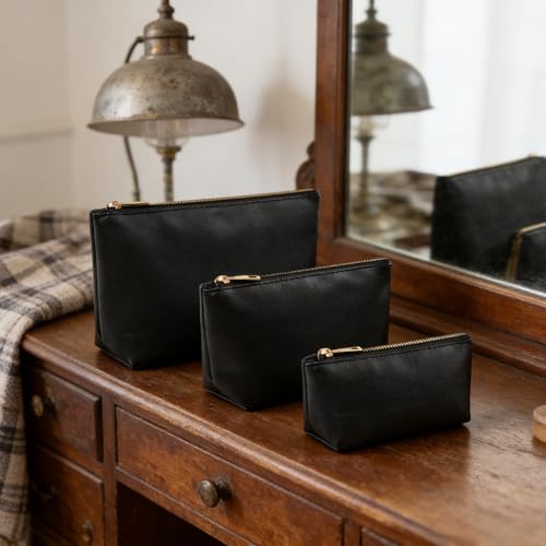 3 Pcs Makeup Bag Set for Women Black Soft Leather Travel Cosmetic Bag Make Up Pouch Small Travel Zipper Pouch,Water-resistant Makeup Organizer Bag for Women（Flat black） - color: Flat black