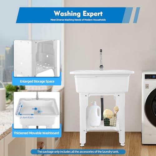 Freestanding Plastic Laundry Sink with Water Faucet, Indoor Outdoor Utility Sink with Washboard, Utility Sink Laundry Tub for Laundry Room/Garage/Garden (25.59x21.65x31.5 Inch) - color: White, 25.6 x 21.7 x 31.5in