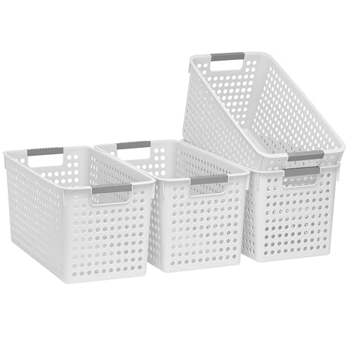 Soddeph Slim Plastic Storage Basket with Handles, Narrow Organizer box for Shelves, Organizer box for Organizing, Kitchen,Home,Office (White, Large) - color: White, size: Large