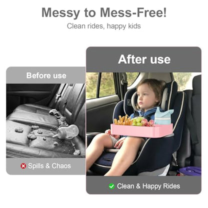 Car Seat Snack Tray for Toddlers - 3 Inch Cup Holder Fits Most Sippy Cups & Straw Bottles with Dip Well, Mess-Free Square Kids Travel Tray Road Trip Essentials, Pink - color: Pink