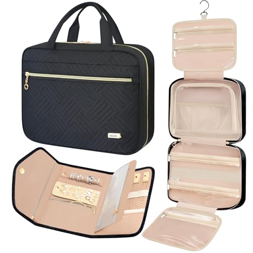 BAGAIL Hanging Toiletry Bag for Women Water-resistant Cosmetic Bag Large Capacity Travel Makeup Organizer for Full-Sized Travel Essentials(Classic+Jewelry Bag, Black) - color: 1-Black, style: Classic+jewelry Bag